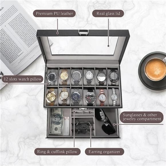 12 Slots Watch Box Case for Men Women, Mens Jewelry Organizer Watch Holder - Picture 4 of 6